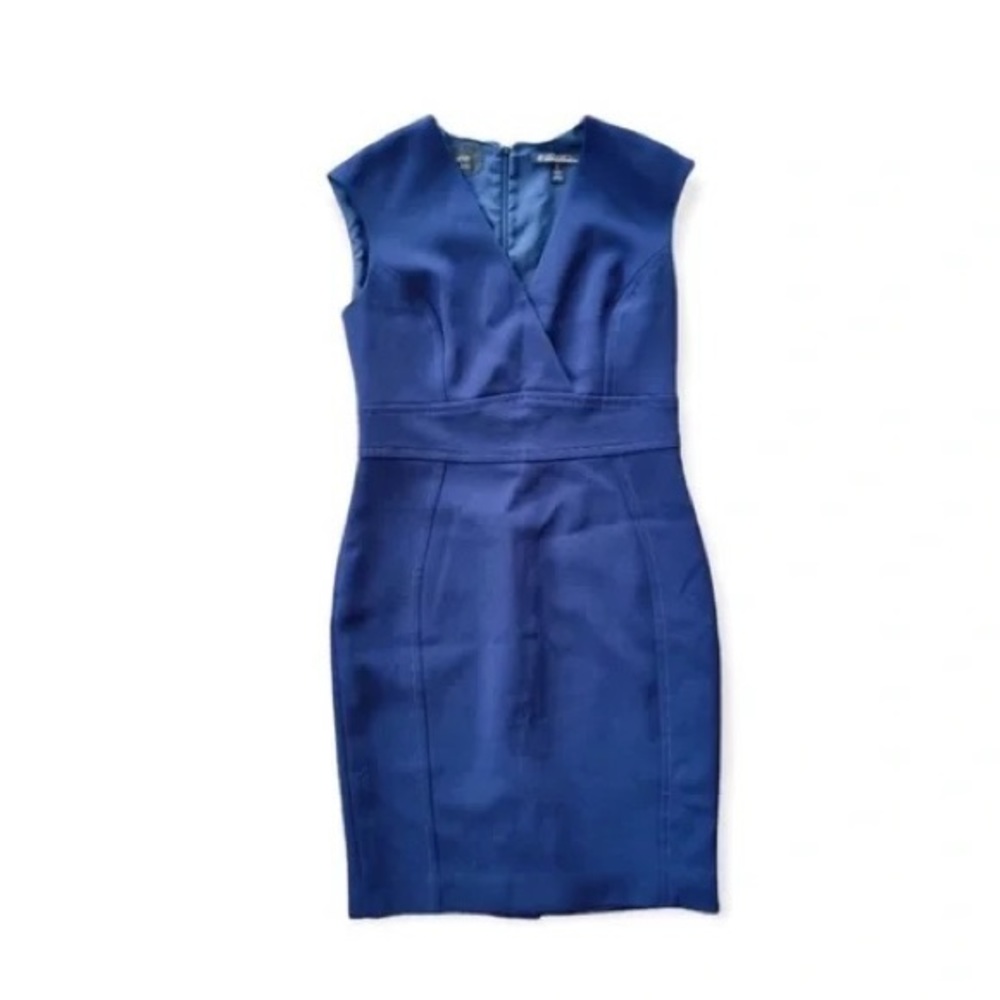 Brooks Brother Bonotto dress fitted petite V neck sleeveless blue